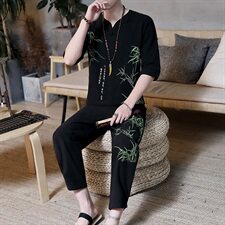 夏季中国风亚麻套装男士大码棉麻唐装汉服禅服短袖两件套HS01-P45，男装T恤，星座509