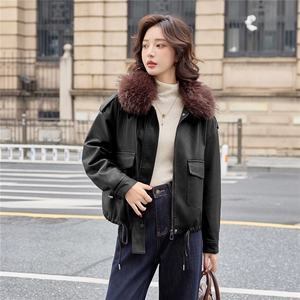毛领加厚短款皮衣女款2025新款酷飒风加绒皮外套冬季图片