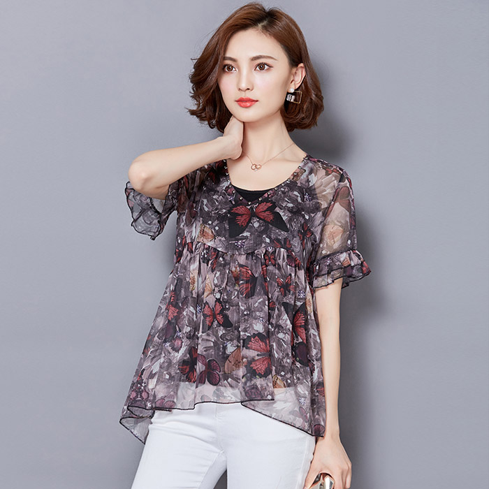 V领荷叶袖短袖套头宽松印花薄款2021年夏季两件套,女装套装/套裙,安之芮娜