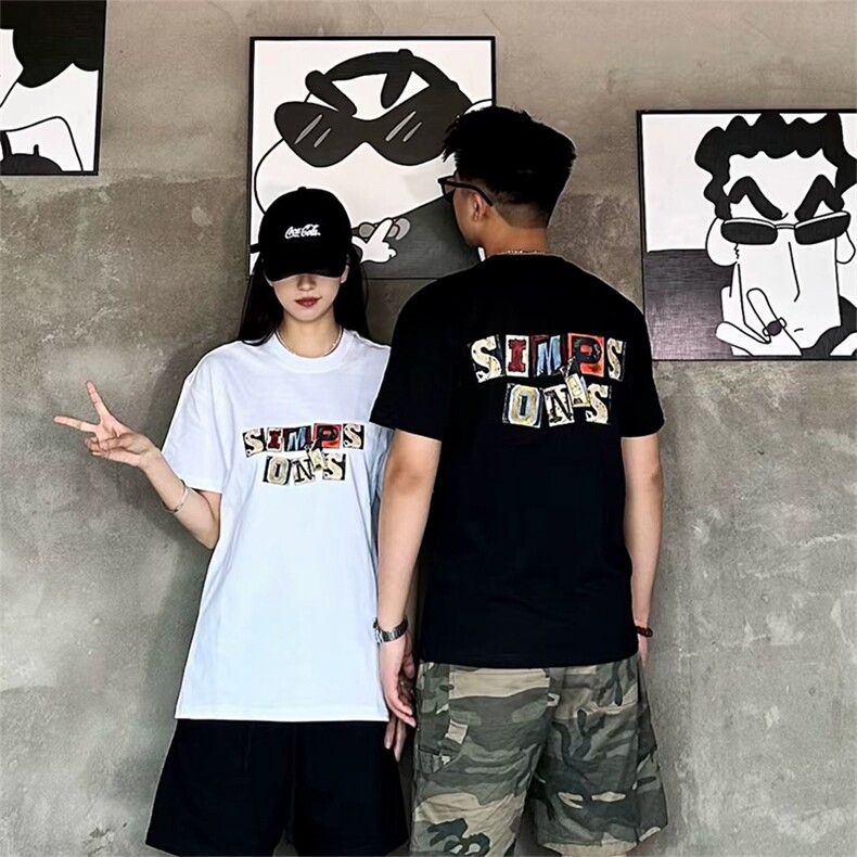 抖音得物供货210克现货宽松纯棉美式潮牌印花落肩袖纯棉T恤AT2176图片