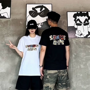 抖音得物供货210克现货宽松纯棉美式潮牌印花落肩袖纯棉T恤AT2176图片