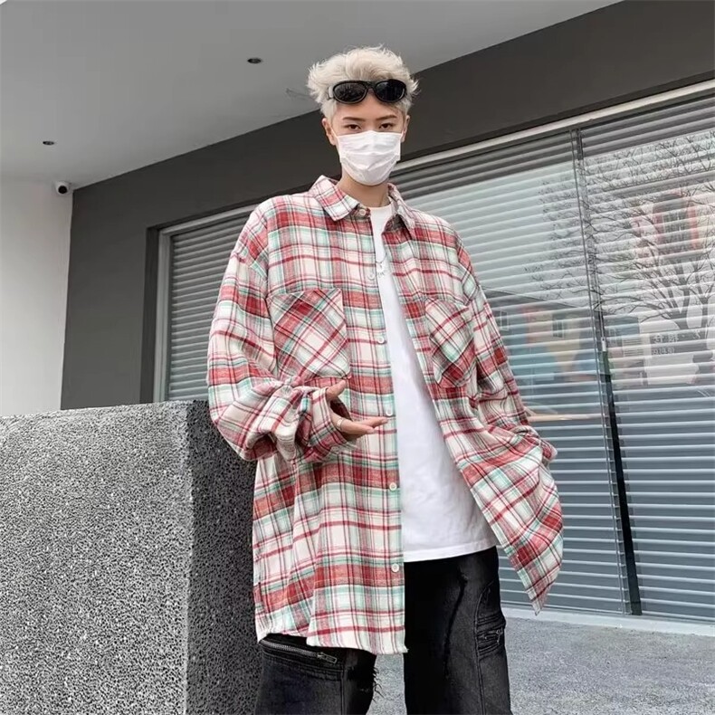 蓝色长袖格子衬衫男春季美式复古高级感外套潮牌痞帅翻领格纹衬衣,男装衬衫,星座715-4