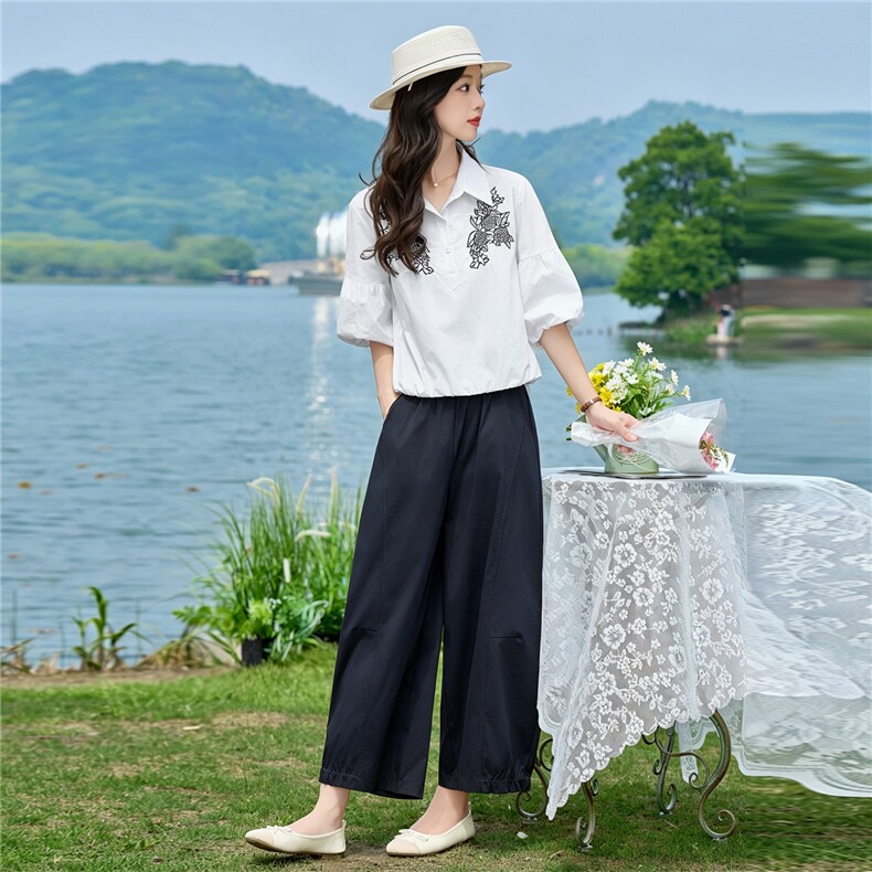 2026年夏季刺绣小衫两件套衬衫裤子套装女,女装套装/套裙,依路服饰