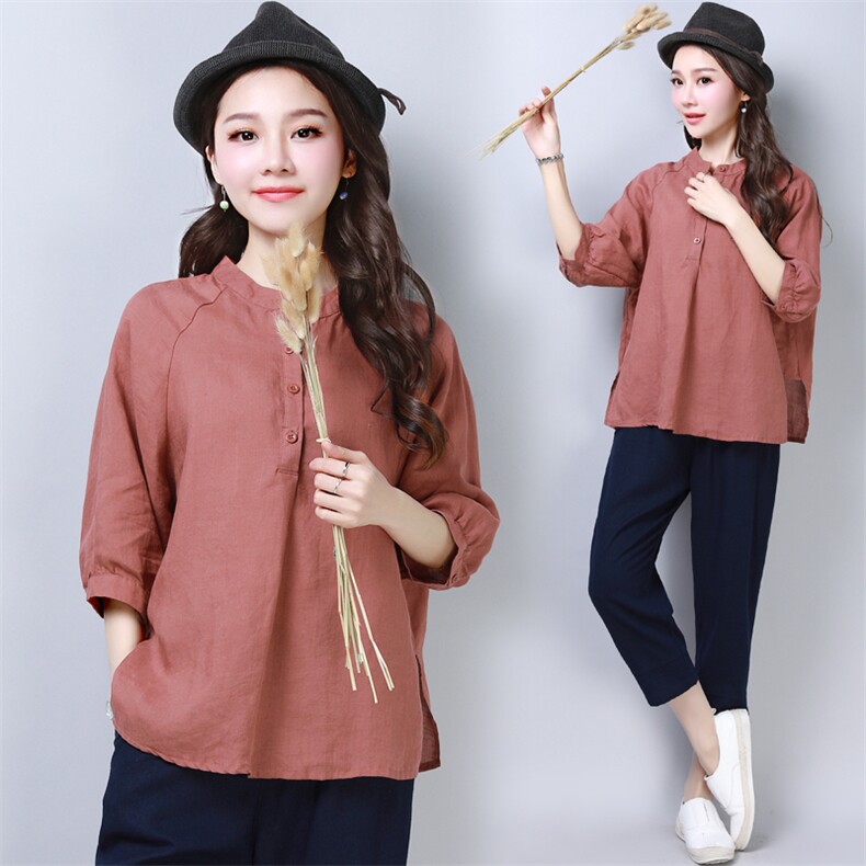 棉麻衬衫女七分袖薄款大码遮肚子娃娃衫麻料中袖衬衣肩宽显瘦上衣，女装T恤，奕阳依阁