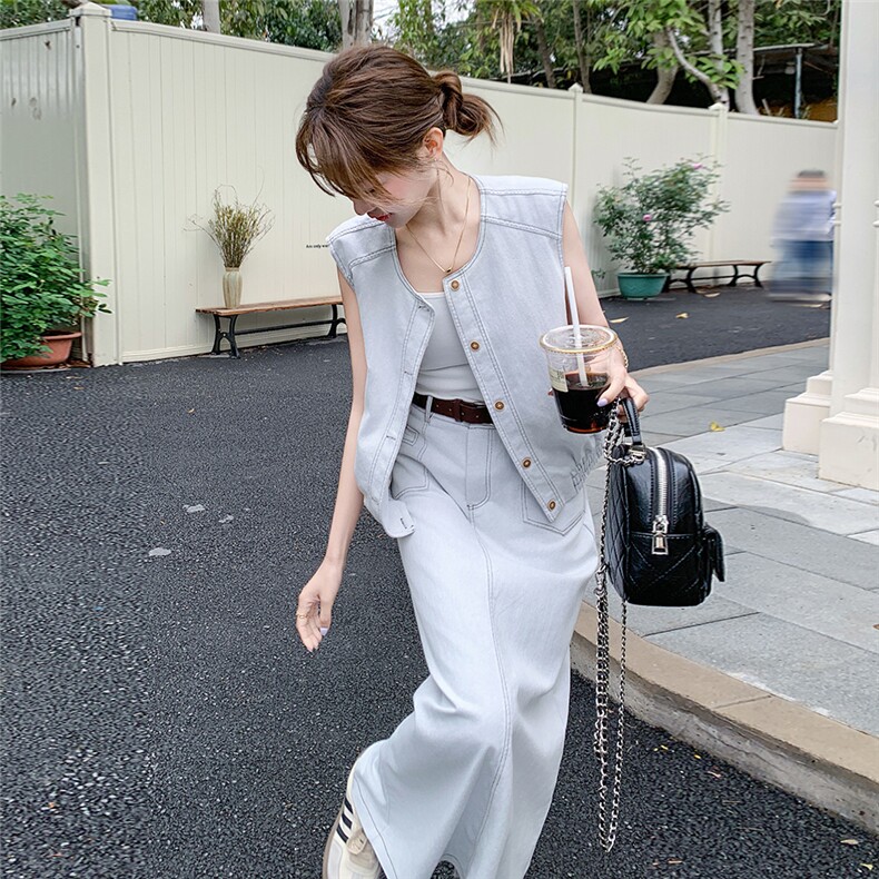 休闲气质牛仔马甲半身裙套装女夏2025新款大方得体ootd穿搭两件套图片