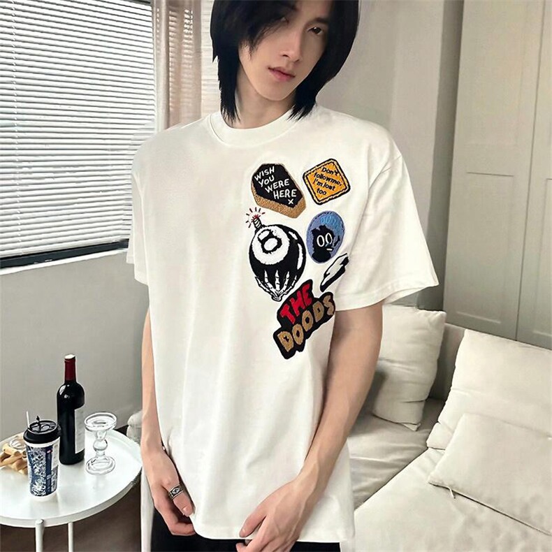 万针全刺绣工艺得物抖音高品质260克纯棉双纱美式高街短袖T恤P33,男装T恤,电商A486