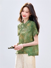 长期现货2026新中式印花上衣女夏季薄款透气短袖衬衫中老年妈宽松，女装衬衫，璐依舞