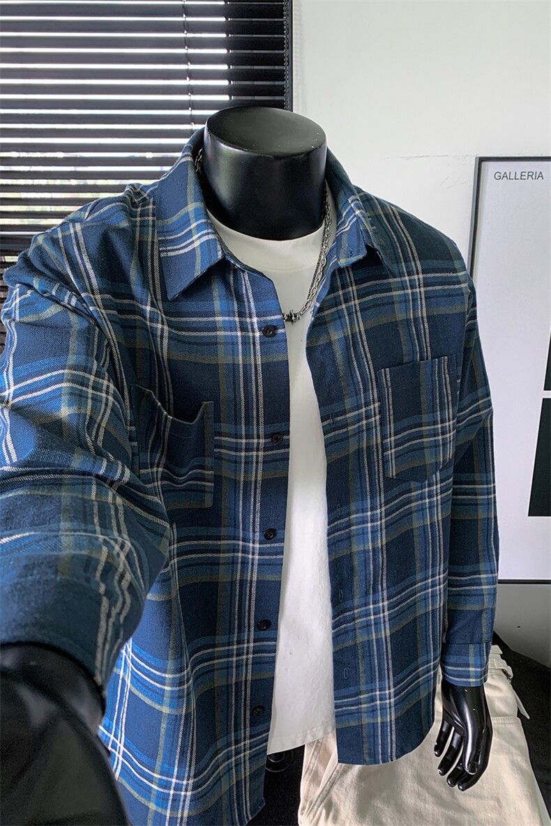 春秋季格子衬衫男长袖2025新款潮牌宽松内搭上衣服青少年休闲外套,男装衬衫,电商A001-1