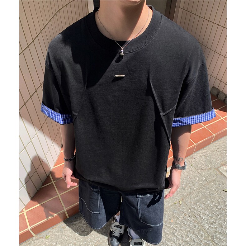 美式格子翻边设计感短袖双层撞色圆领T恤衫男 D425 特P35图片