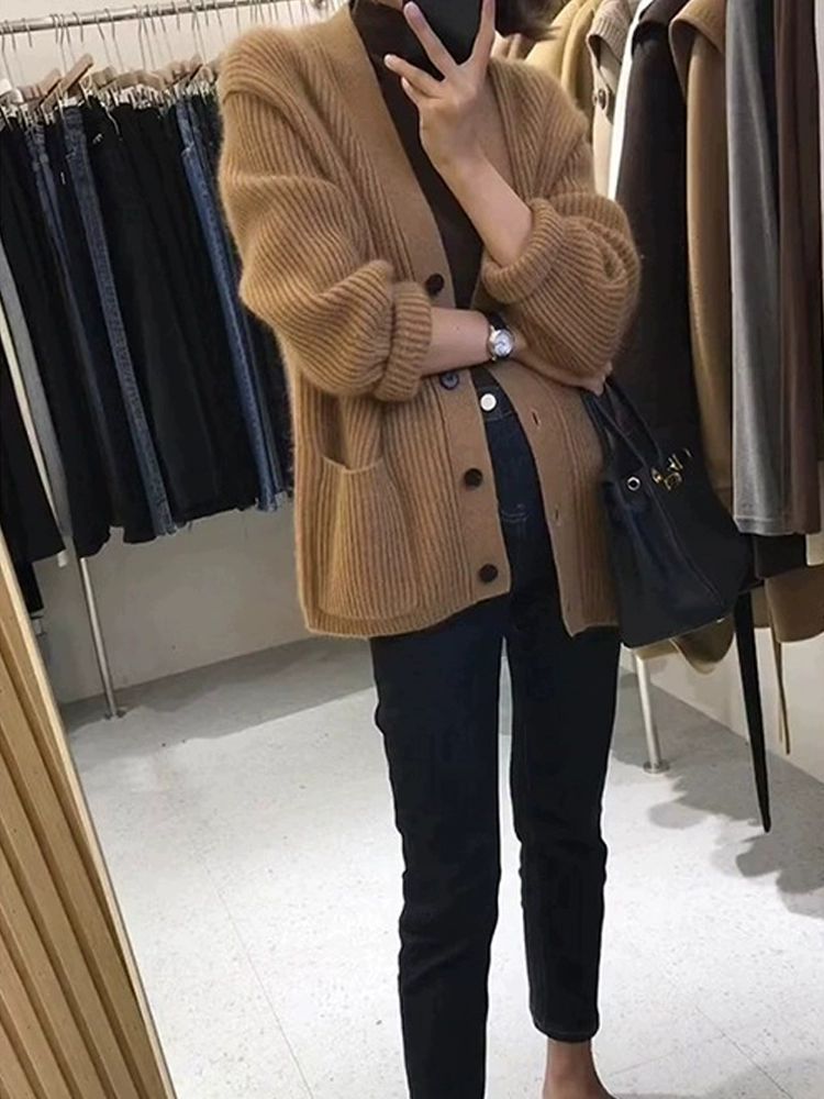 羊范秋冬新款V领100羊毛针织开衫女士韩系慵懒软糯毛衣外套上衣,女装羊毛衫,戎咖羊绒