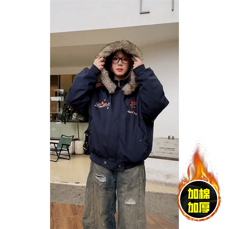 现货高品质美式高街重磅刺绣座山雕大毛毛领棉衣男女加厚棉服外套,男装棉衣,电商A443