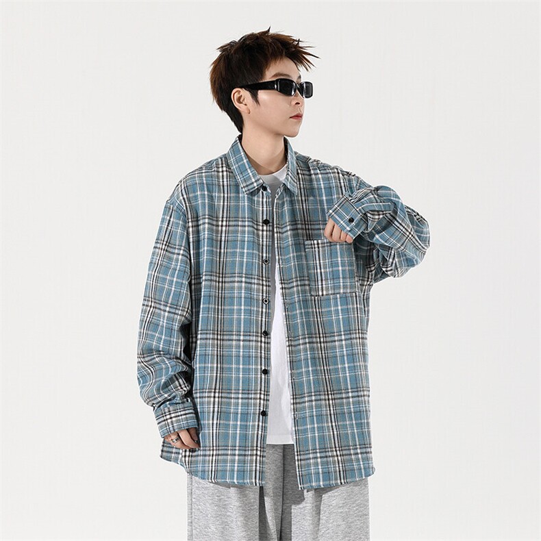春季小香风衬衫翻领男大皂大码宽松痞帅外套格子衬衣A012/855TP28,男装衬衫,电商A012