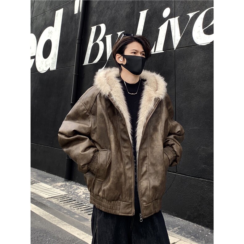 美式复古皮棉服廓形座山雕大毛领棉服男宽松设计感美拉德外套p118,男装棉衣,电商C307