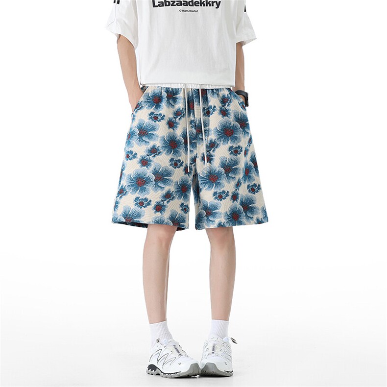 YK86069-P23  80%涤 20%棉 海岛风蓝色小花短裤男夏季新款沙滩裤图片