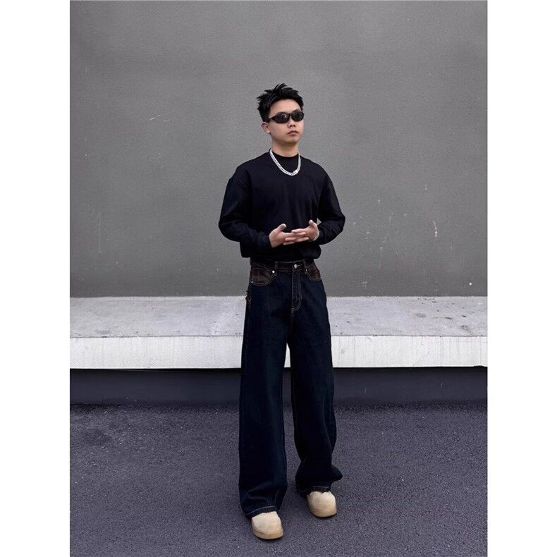 BLACKAT美式复古围巾拼接格纹丹宁牛仔裤男cleanfit直筒宽松长裤,男装牛仔裤,四季星座505