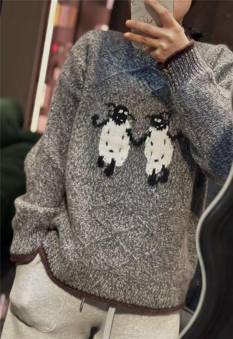 牵手小羊图案女长袖针织衫秋冬百搭套头上衣,针织衫/毛衣,大千羊绒