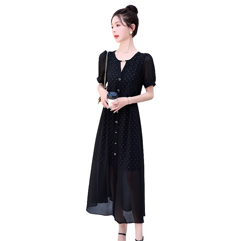 高级感气质黑色连衣裙女夏季2023新款修身显瘦设计感减龄波点长裙,女装连衣裙,润尚靓点