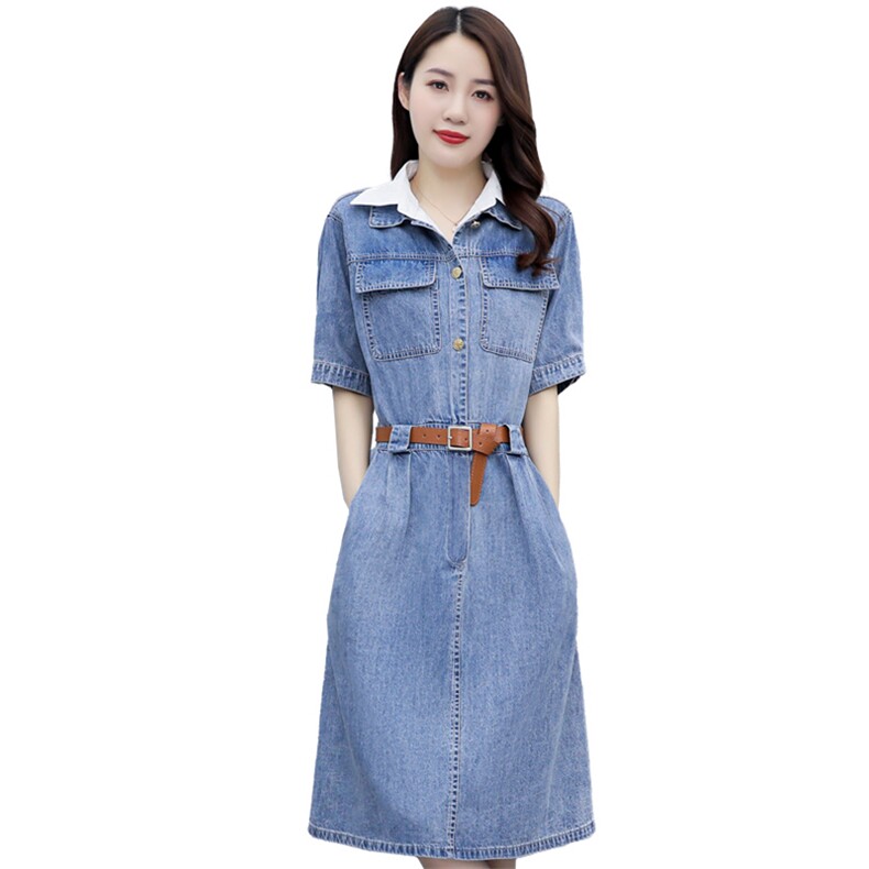 夏季新款POLO领纯色甜美修身白色假领子牛仔连衣裙女,女装连衣裙,微微衣阁