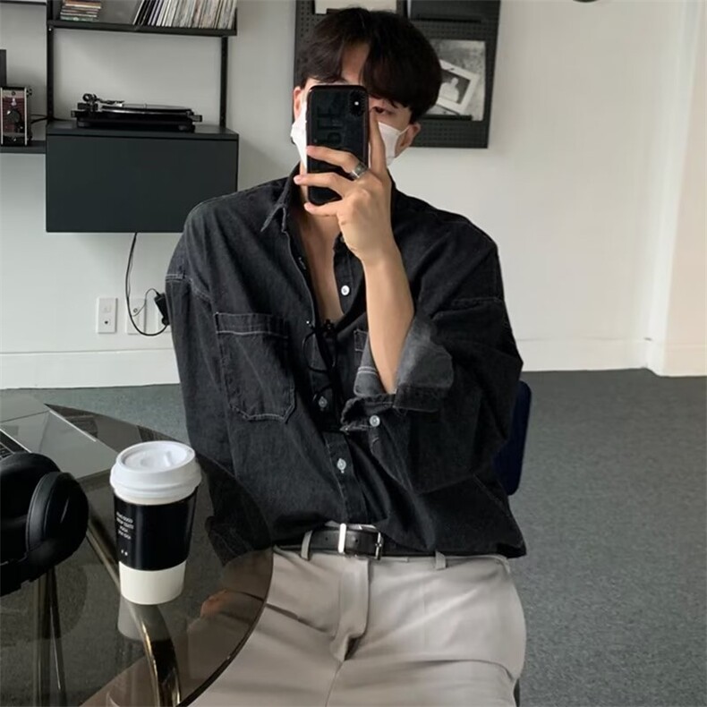 男士牛仔衬衫外套韩版潮流休闲宽松百搭翻领长袖MC22P48,男装衬衫,星座1116-2