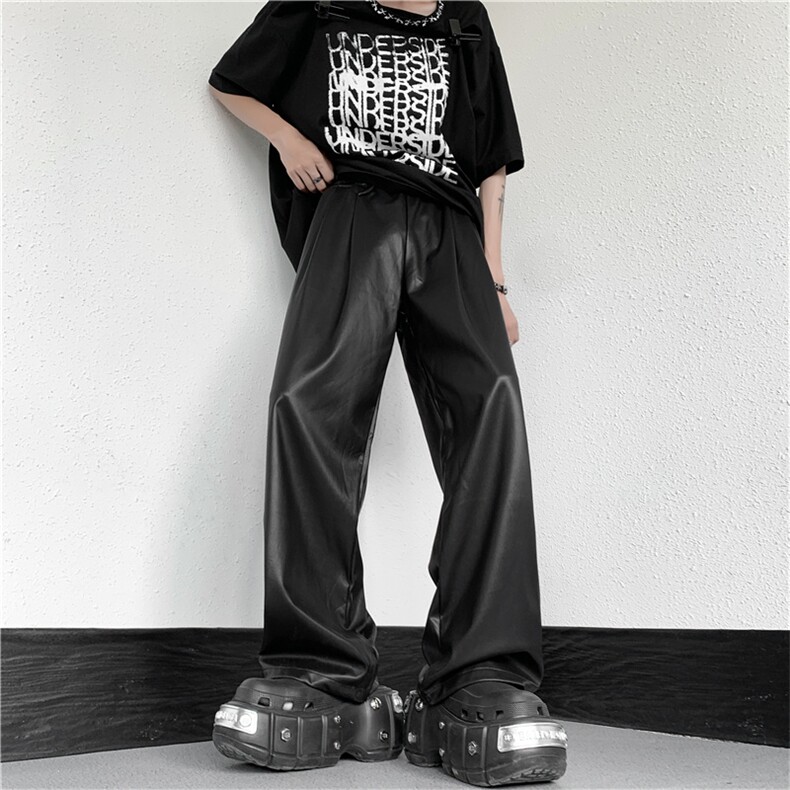 高级感PU皮裤男女秋季松紧腰宽松酷飒阔腿裤垂感直筒拖地休闲裤男，男装皮裤，星座302B