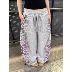 美式豹纹字母印花弯刀卫裤男灰宽松休闲阔腿裤运动裤HNK124P46，男装休闲裤，星座1112-1