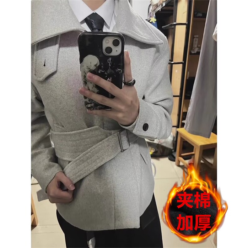 美式正肩绑带毛呢夹克男女冬季夹棉情侣短款工装棉服外套,男装夹克,四季星座505