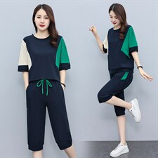 休闲运动女装季新款2025韩版时尚短袖五分裤拼接洋气潮，女装运动套装，凯瑟曼