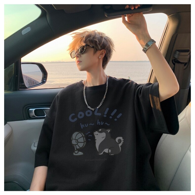 网络图纯棉紧密赛络纺风扇小狗卡通短袖t恤青少年男生趣味t恤,男装T恤,星座715-4