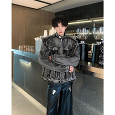 美式个性牛仔外套男款春秋季高级感垫肩夹克黑牛仔褂W6212-P81，男装夹克，星座412-3