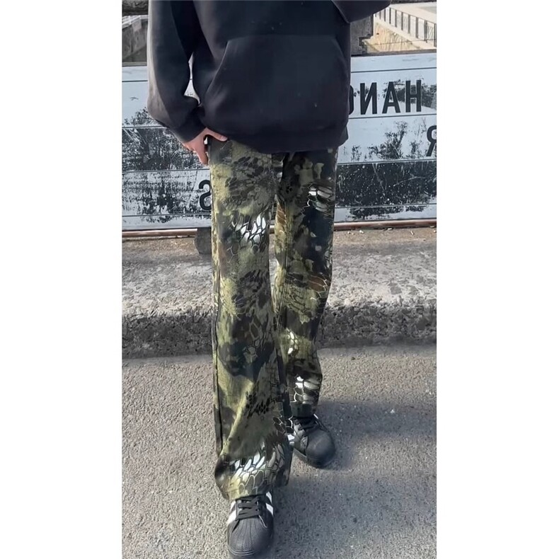 蛇纹迷彩牛仔裤男女同款cleanfit裤子春秋季直筒微喇裤子NZE328,男装牛仔裤,星座516A