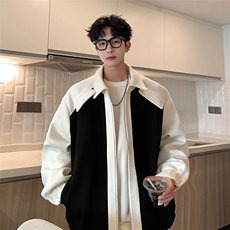 毛呢撞色冬装外套男女同款潮牌大码翻领拼接夹克上衣827P115，男装夹克，电商A458A