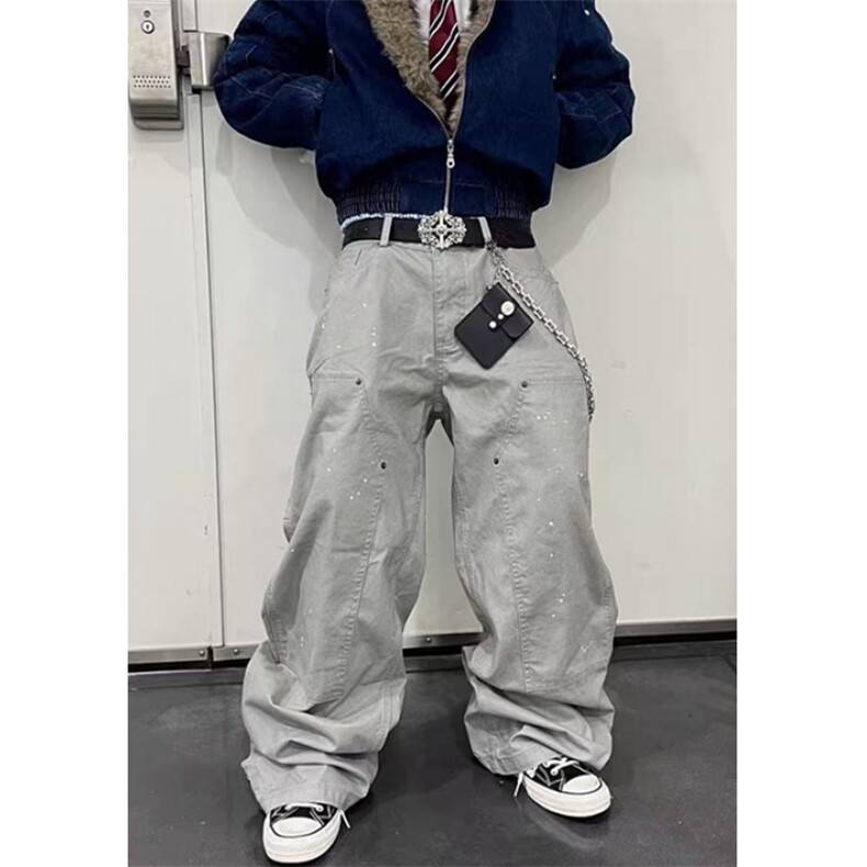 泼墨宽松直筒工装裤拼接撞色阔腿休闲牛仔裤男春季 NA407图片