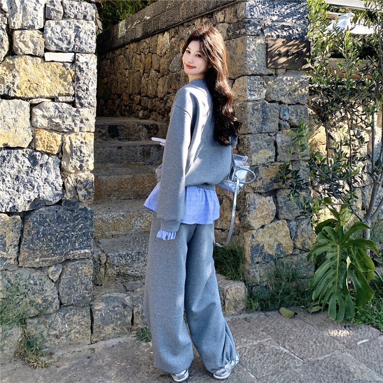 韩系慵懒休闲风格纹拼接卫衣套装女2026春季阔腿裤时尚减龄两件套,女装套装/套裙,艾米莉亚