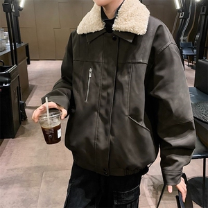 F642P102冬季复古毛领夹棉外套男加厚保暖美拉德皮衣机车服棉衣图片
