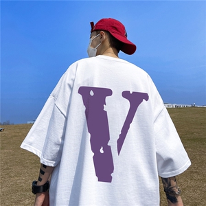 V字休闲短袖T恤男潮牌潮流ins情侣上衣服美式高街夏季宽松五分袖图片