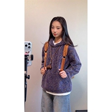 紫色针织毛绒卫衣男女冬季小香风套头连帽衫美式重磅外套，女装短外套，星座1210-1