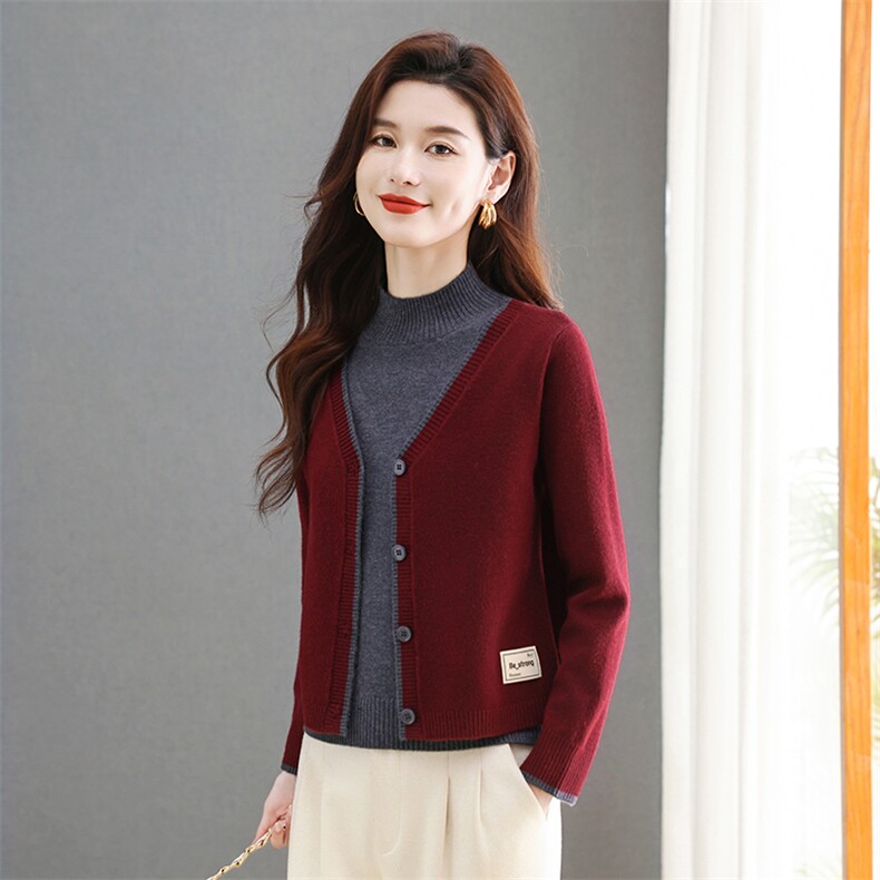 现货2024秋冬方领领毛衣女士假两件套头长袖秋冬打底针织衫上衣厚，女装针织衫/毛衣，韩然一族