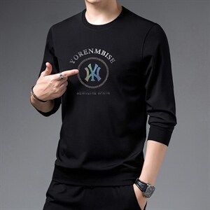 春秋季薄款圆领长袖t恤男士潮牌宽松上衣服卫衣男体恤内搭打底P68图片