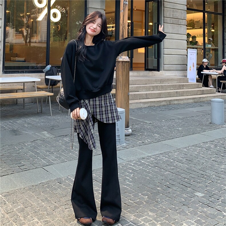 休闲格纹拼接卫衣阔腿裤套装女春秋松弛感运动两件套ootd减龄超火,女装套装/套裙,2C236