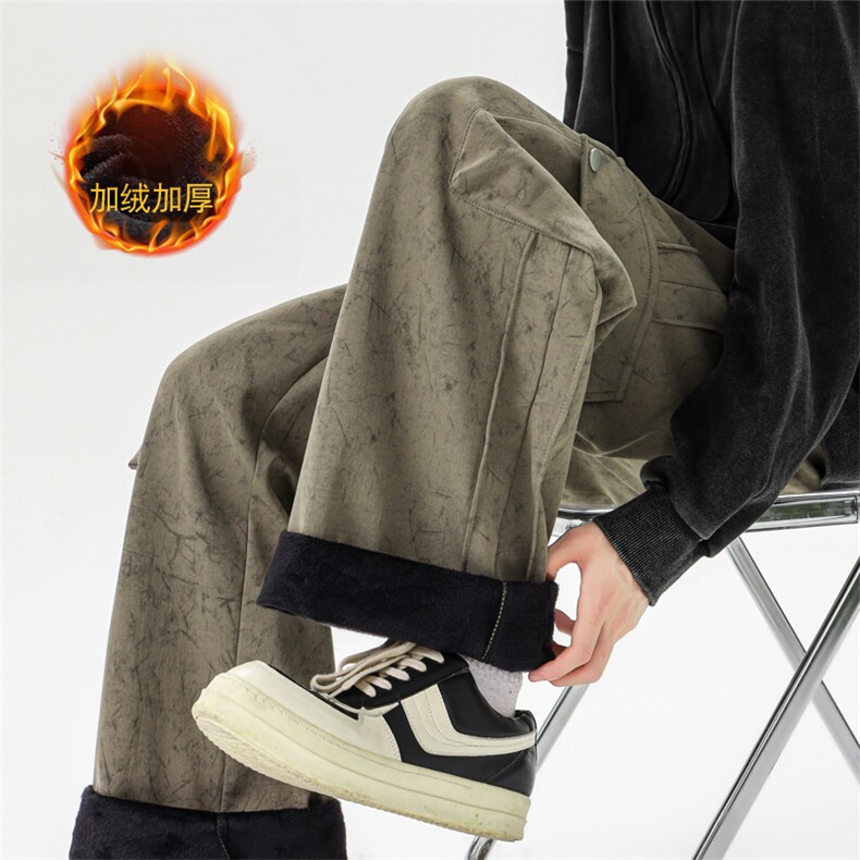 无影墙冬季加绒加厚休闲拖地直筒宽松扎染脏脏布工装裤男7553-P63,男装休闲裤,电商C305A