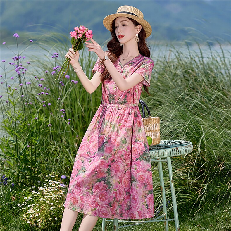 新中式盘扣印花棉麻连衣裙女2026夏新款气质收腰显瘦独特漂亮裙子,女装连衣裙,倪叶myz