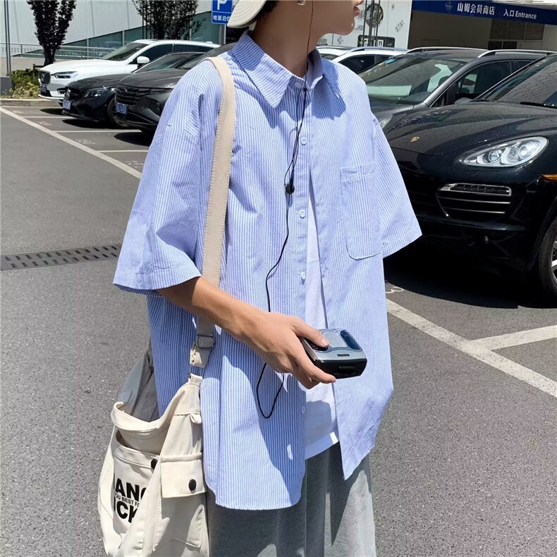 夏季薄款青少年条纹短袖衬衫男士港风休闲衬衣潮牌韩版外套CS003,男装T恤,星座516A