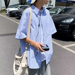 夏季薄款青少年条纹短袖衬衫男士港风休闲衬衣潮牌韩版外套CS003图片