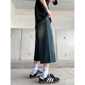 夏季薄款美式高街水洗复古牛仔裤潮牌宽松直筒阔腿七分裤图片