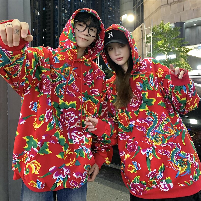 W204秋新款男女团队服大花连帽卫衣外套潮民族特色花卫衣情侣装图片