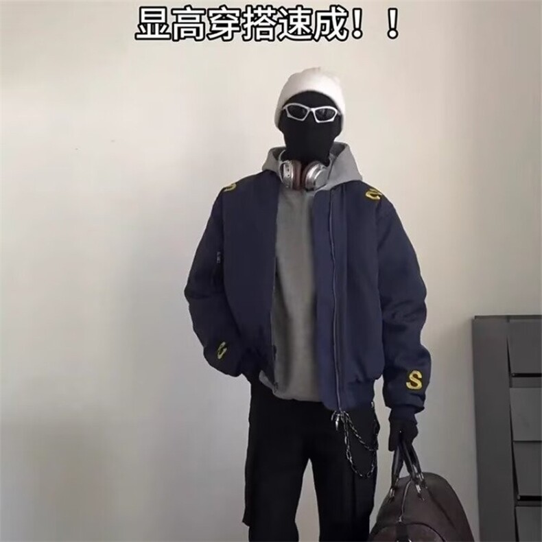 美式高街刺绣字母立领飞行夹克男女秋冬季宽松加厚情侣棉服外套图片