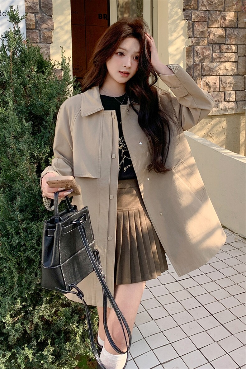 卡其色风衣外套女2025春季新款韩系英伦风小个子宽松休闲气质大衣,女装风衣,2C261