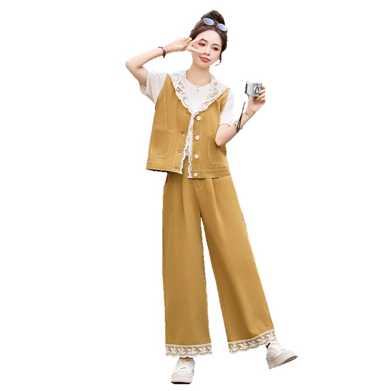 休闲套装女2025夏新款韩系高级松弛感超火减龄蕾丝牛仔穿搭一整套,女装套装/套裙,关键词