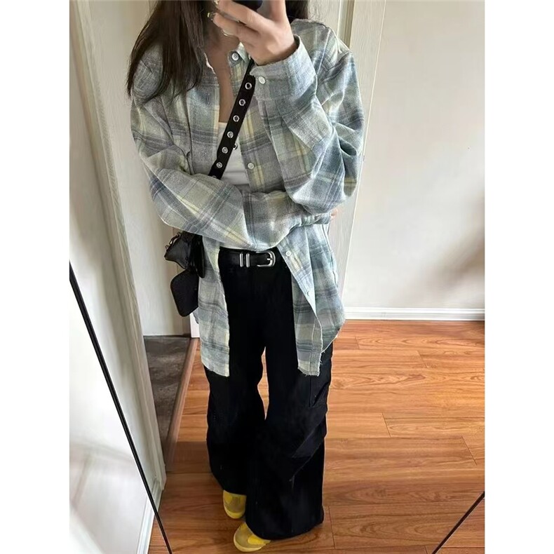 韩版春秋新款百搭格子衬衫女设计感小众宽松中长款休闲外套上衣女,男装衬衫,星座506A