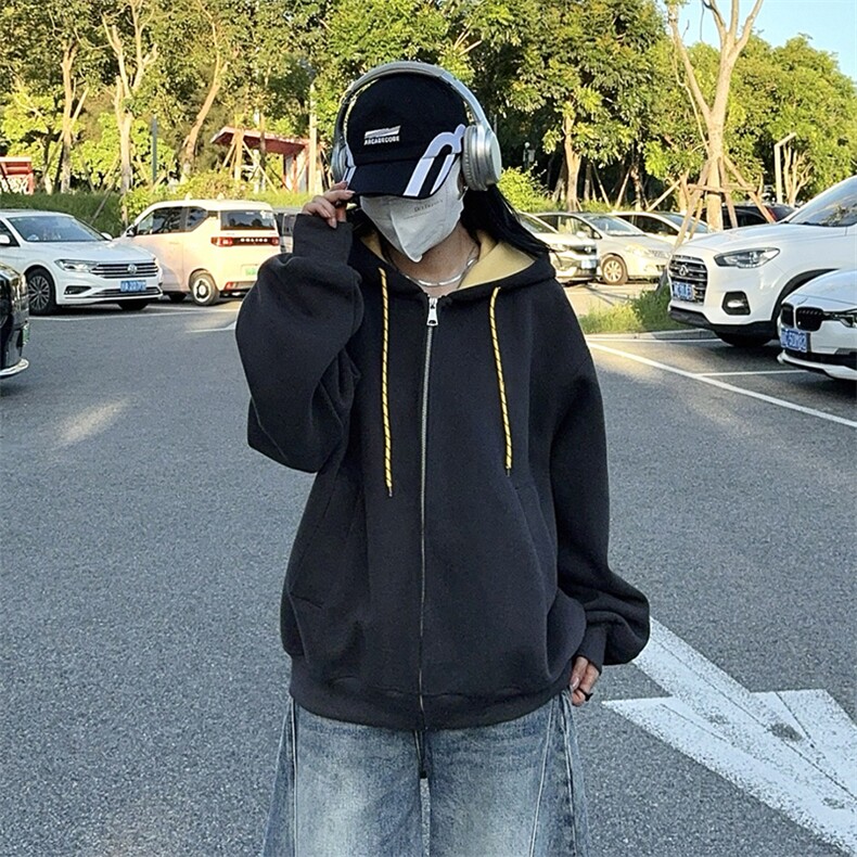 抖音得物二开美式高街重磅结构双层撞色连帽卫衣开衫外套W116,女装短外套,电商A486-1